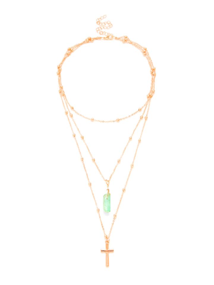 Romwe Cross & Stone Pendant Layered Chain Necklace