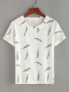 Romwe Feather Print Rolled Sleeve T-shirt