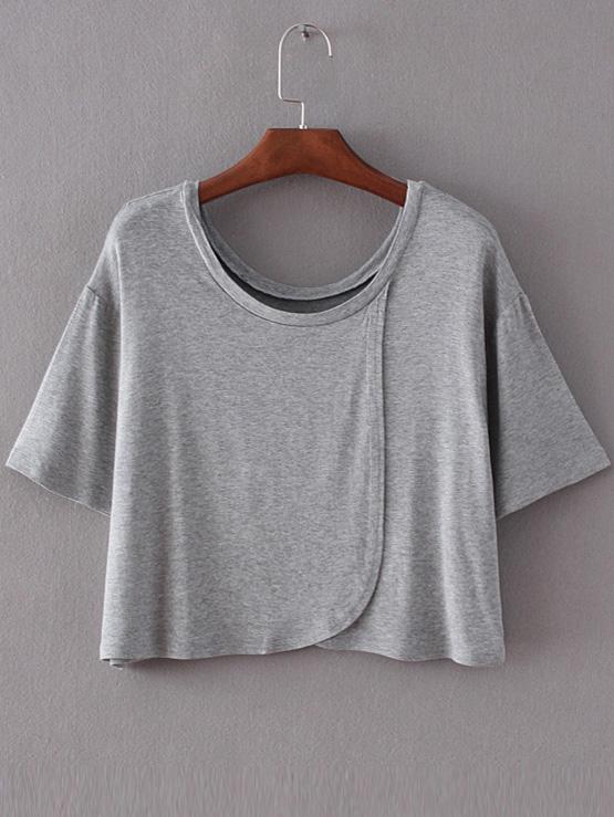 Romwe Light Grey Short Sleeve Wrap Front Convertible Casual T-shirt