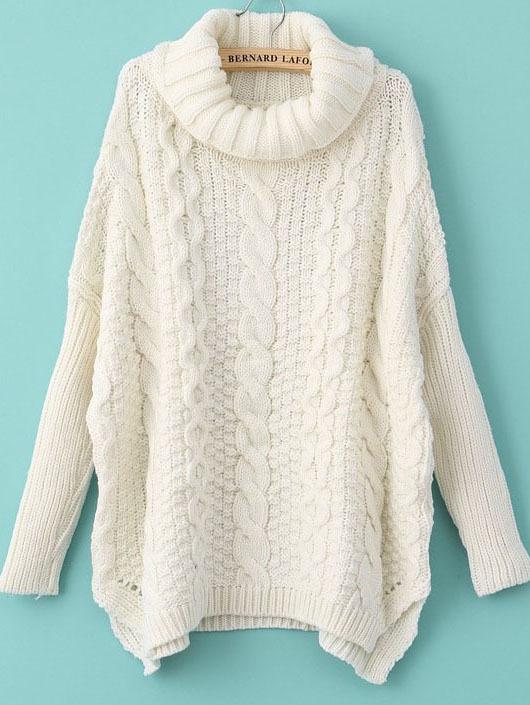 Romwe White Long Sleeve Turtleneck Chunky Cable Knit Sweater
