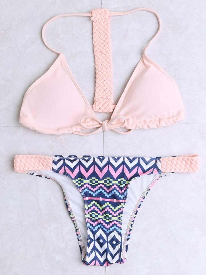 Romwe Pink Printed Braided Strap Triangle Bikini Set