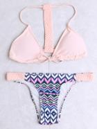 Romwe Pink Printed Braided Strap Triangle Bikini Set