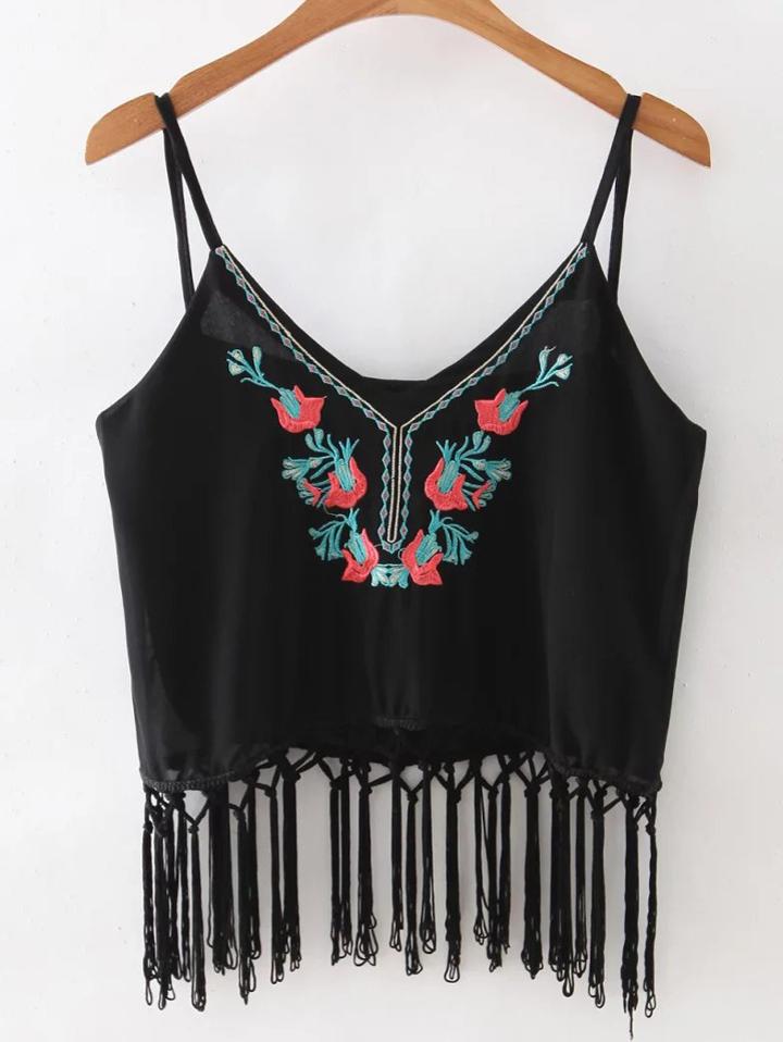 Romwe Black Spaghetti Strap Embroidered Tassel Top