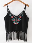 Romwe Black Spaghetti Strap Embroidered Tassel Top