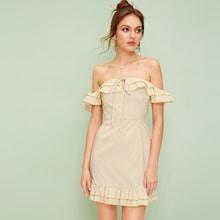 Romwe Striped Off The Shoulder Knot Front Ruffle Dress