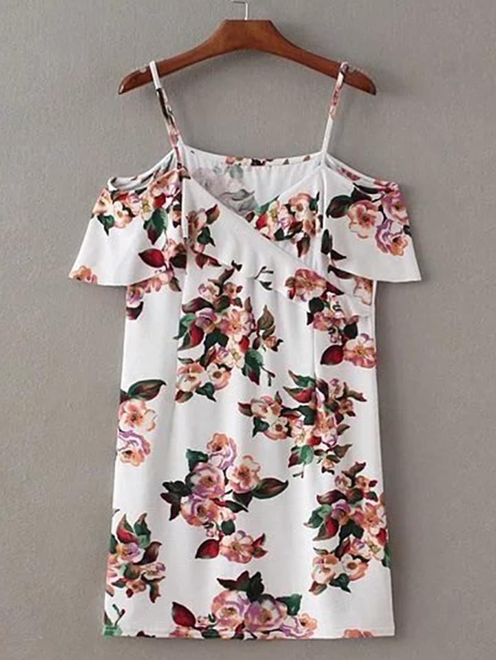 Romwe Cold Shoulder Floral Print Dress