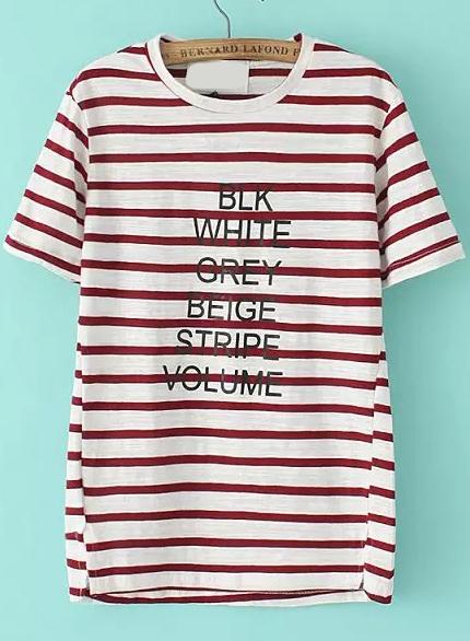 Romwe Letter Print Striped Wine Red T-shirt