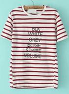 Romwe Letter Print Striped Wine Red T-shirt