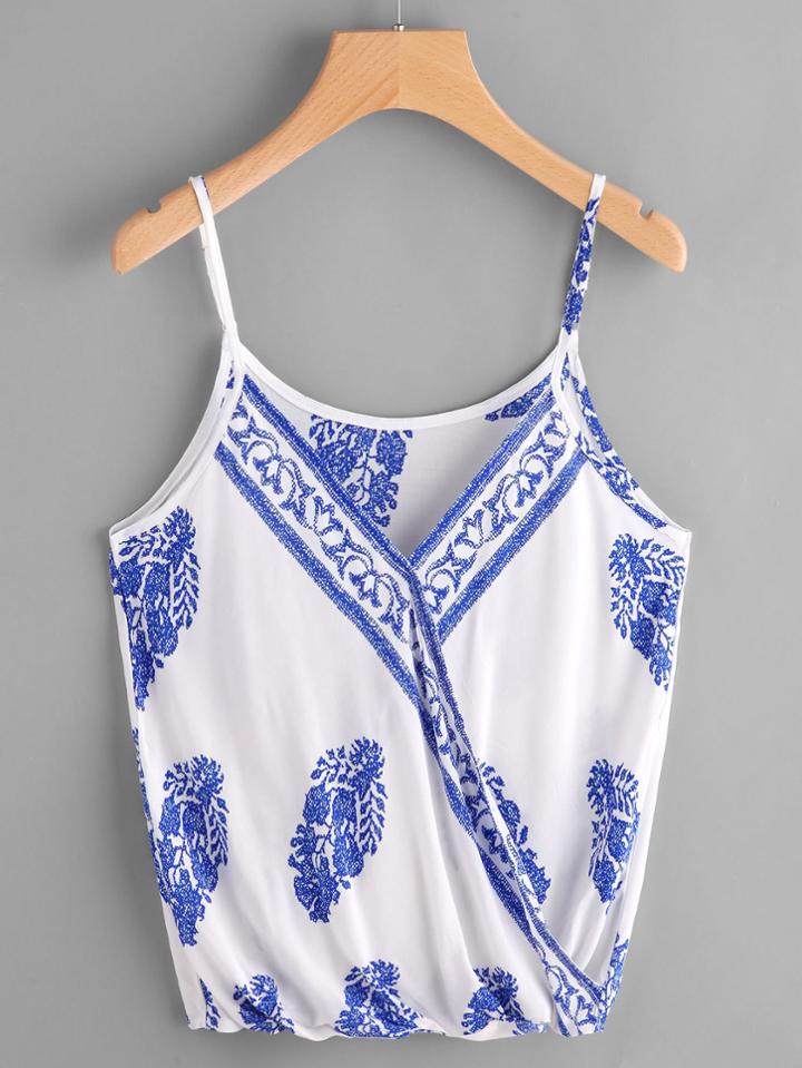 Romwe Floral Print Surplice Cami Top