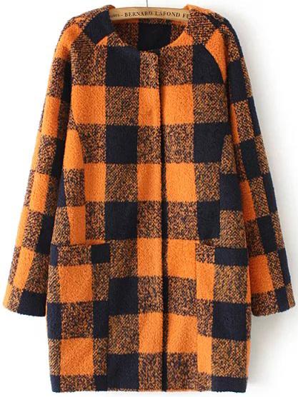 Romwe Round Neck Plaid Orange Coat