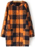 Romwe Round Neck Plaid Orange Coat