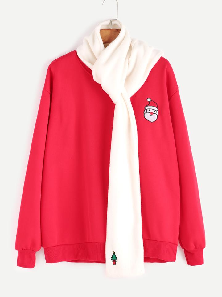 Romwe Red Father Christmas Embroidery Sweatshirt With White Scarf