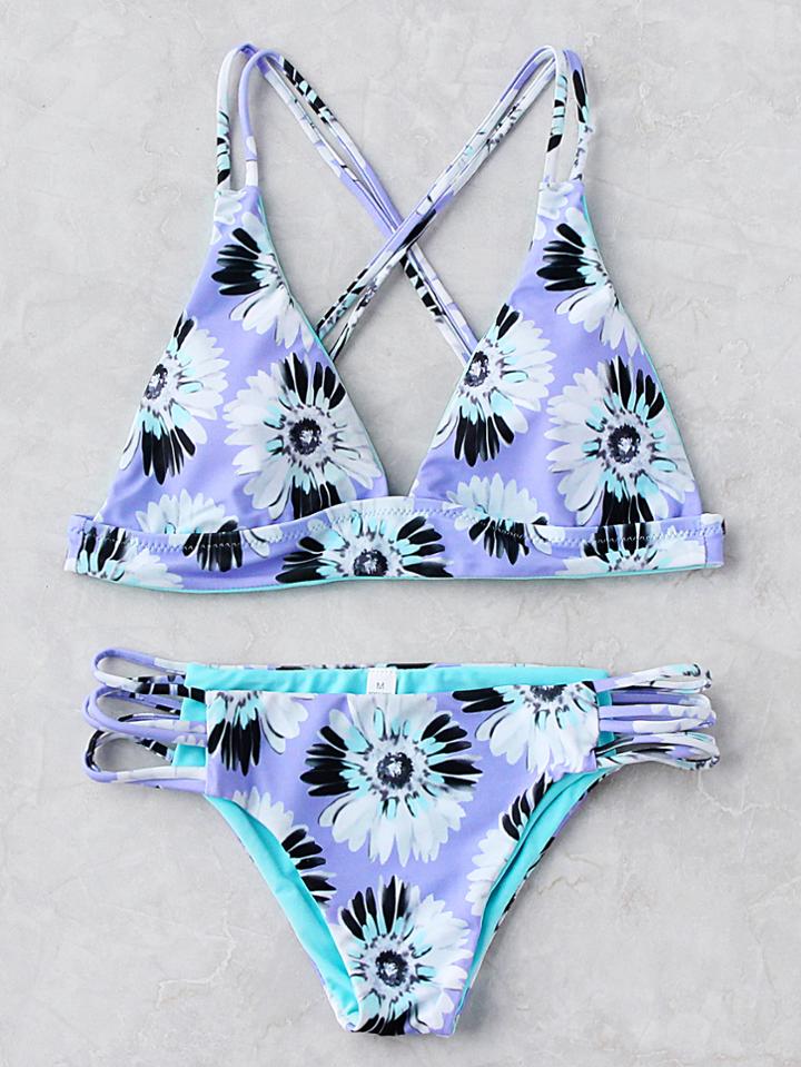 Romwe Calico Print Ladder Cutout Cross Back Bikini Set