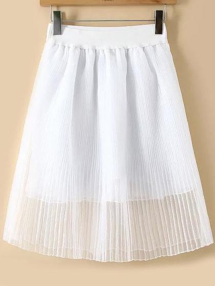 Romwe Elastic Waist Mesh Pleated White Skirt
