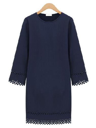 Romwe Round Neck Hollow Straight Navy Dress