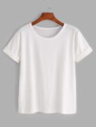 Romwe White Rolled Sleeve Basic T-shirt