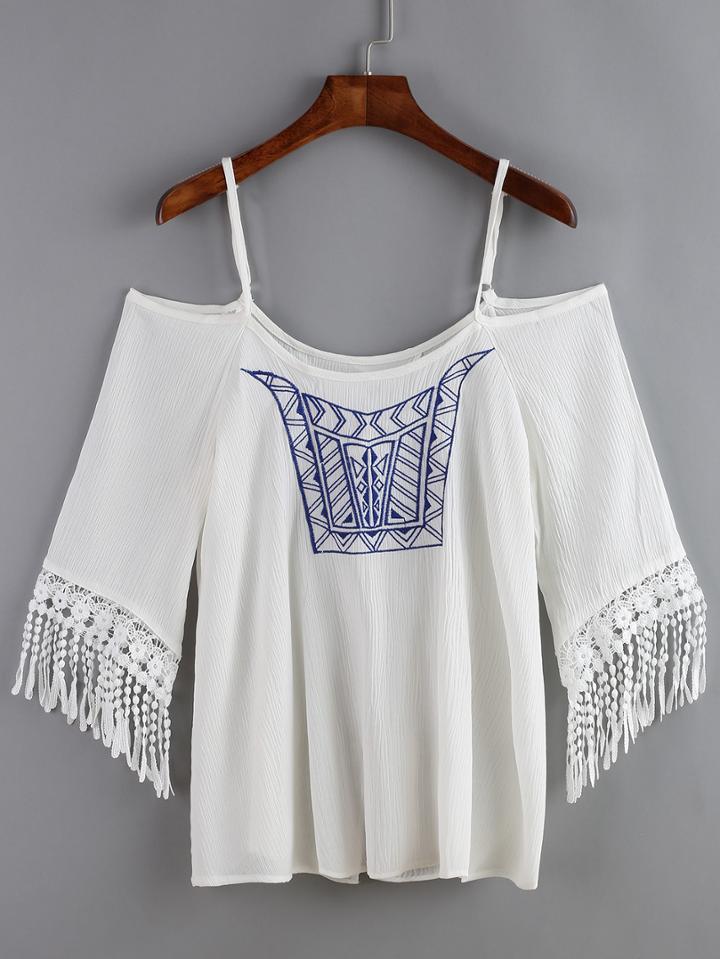 Romwe Cold Shoulder Fringe Embroidered Shirt