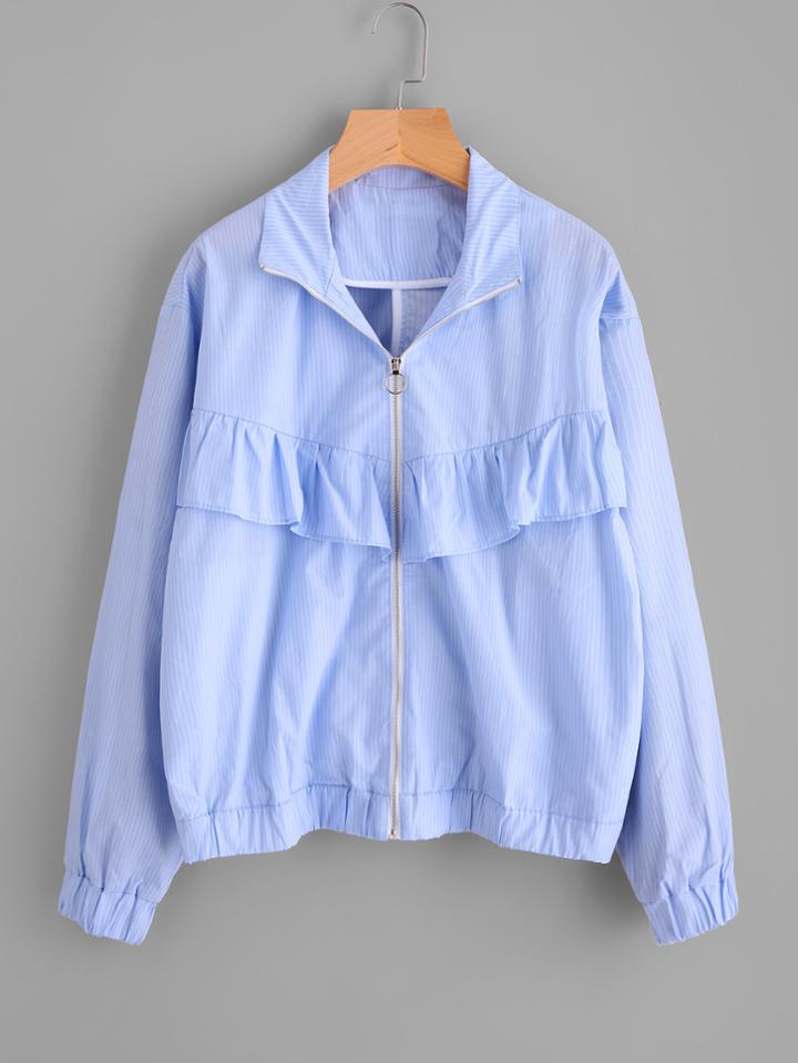 Romwe Ruffle Trim Pinstripe Jacket