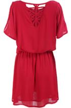Romwe Red Short Sleeve Hollow Back Chiffon Dress