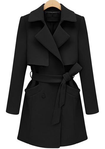 Romwe Belted Pockets Black Trench Coat