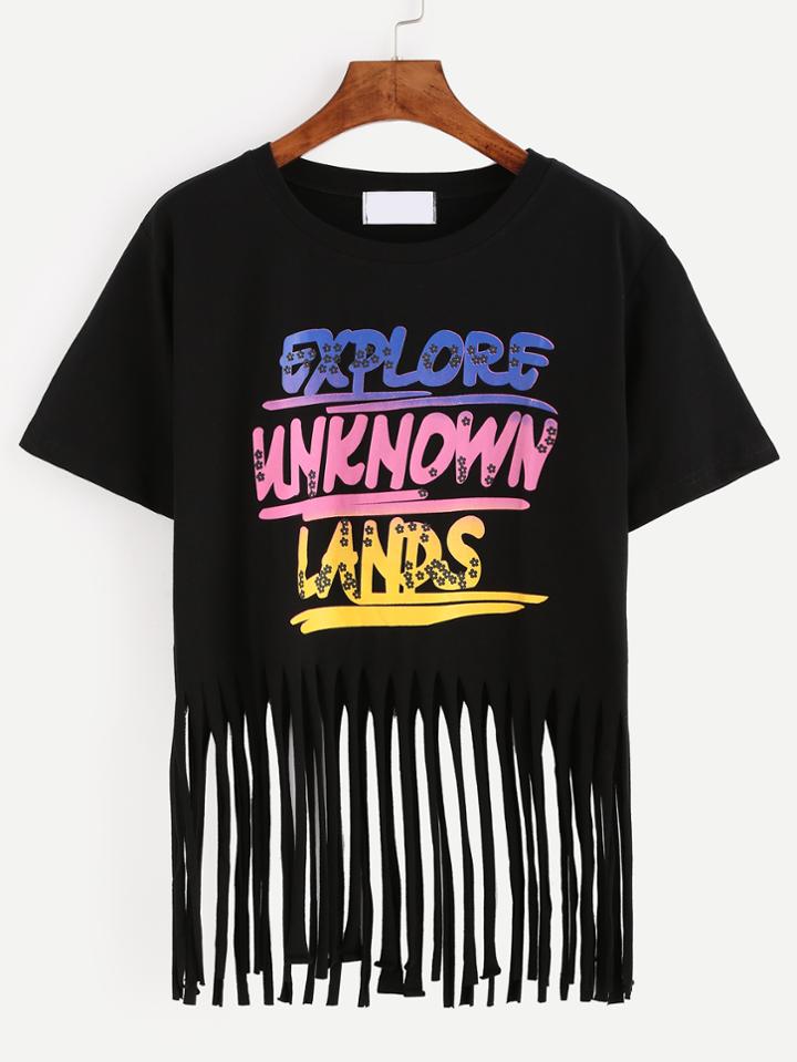 Romwe Black Tassel Trim Letters Print T-shirt