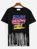 Romwe Black Tassel Trim Letters Print T-shirt