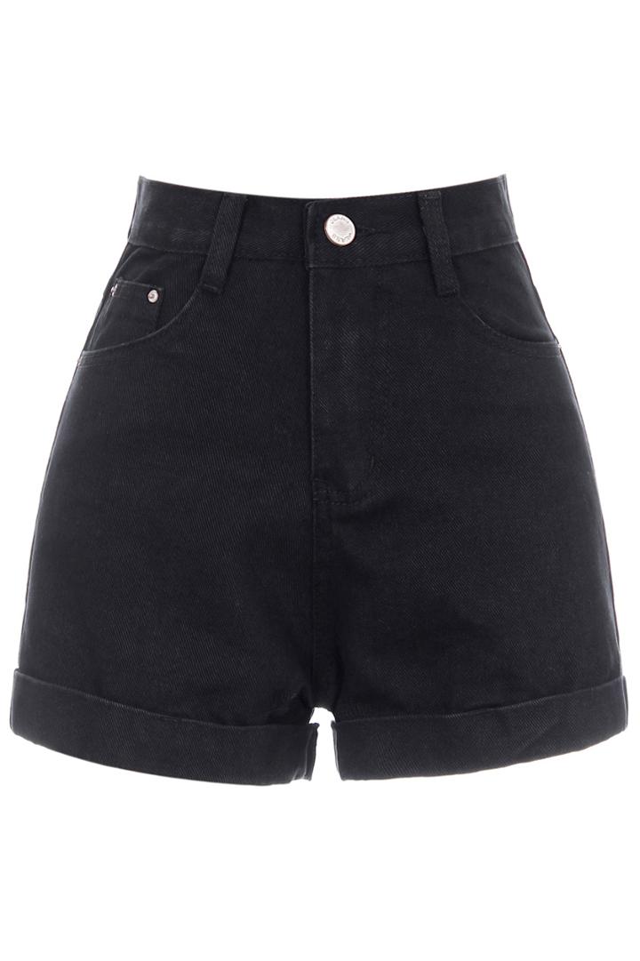 Romwe Romwe Rolled Cuffs High Waist Black Denim Shorts