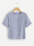 Romwe Chest Pocket Button Side Striped Top