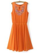 Romwe Orange Sleeveless Embroidery Key-hole Front Chiffon Dress