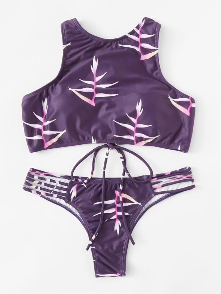 Romwe Leaf Print Ladder Strappy Bikini Set