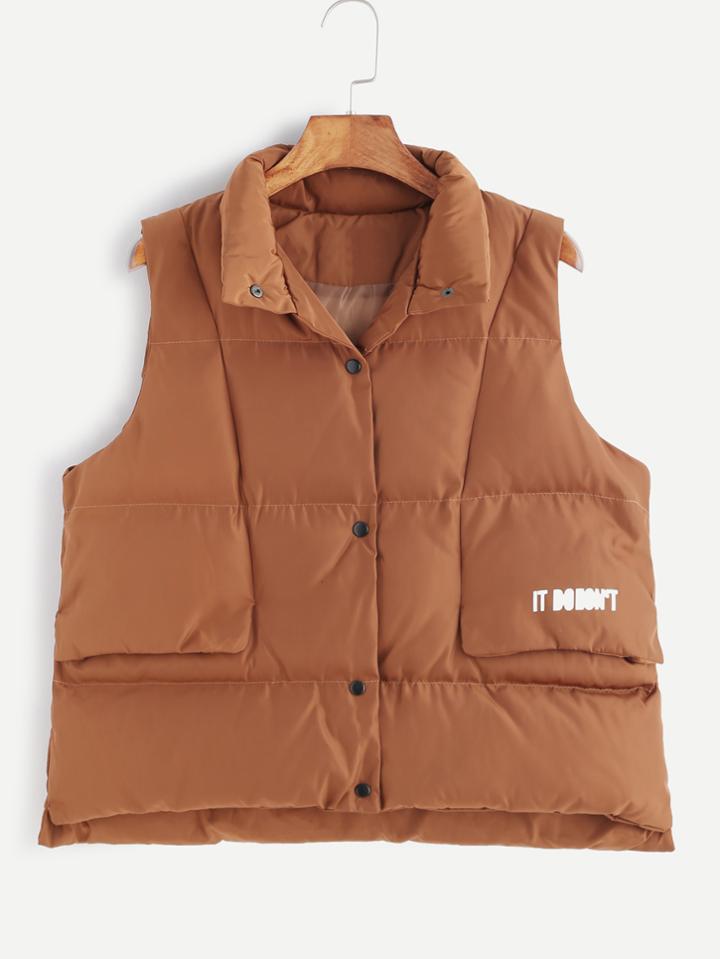 Romwe Khaki Dip Hem Letters Print Split Vest Coat