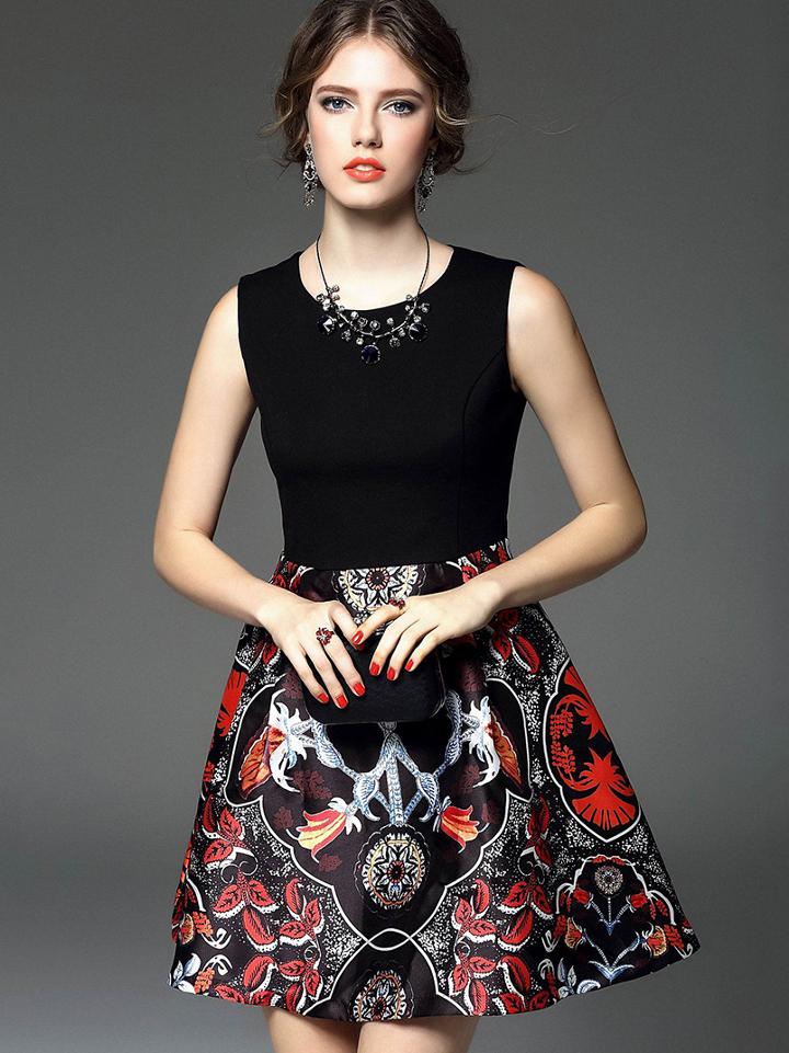 Romwe Black Round Neck Sleeveless Print Dress