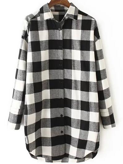 Romwe Plaid Letter Print Black Blouse