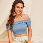 Romwe Ruffle Trim Shirred Off The Shoulder Blouse