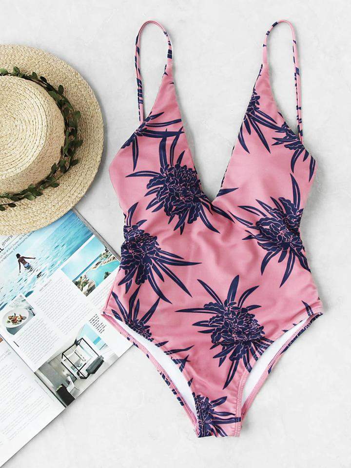 Romwe Calico Print Plunge Neckline Swimsuit