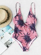 Romwe Calico Print Plunge Neckline Swimsuit