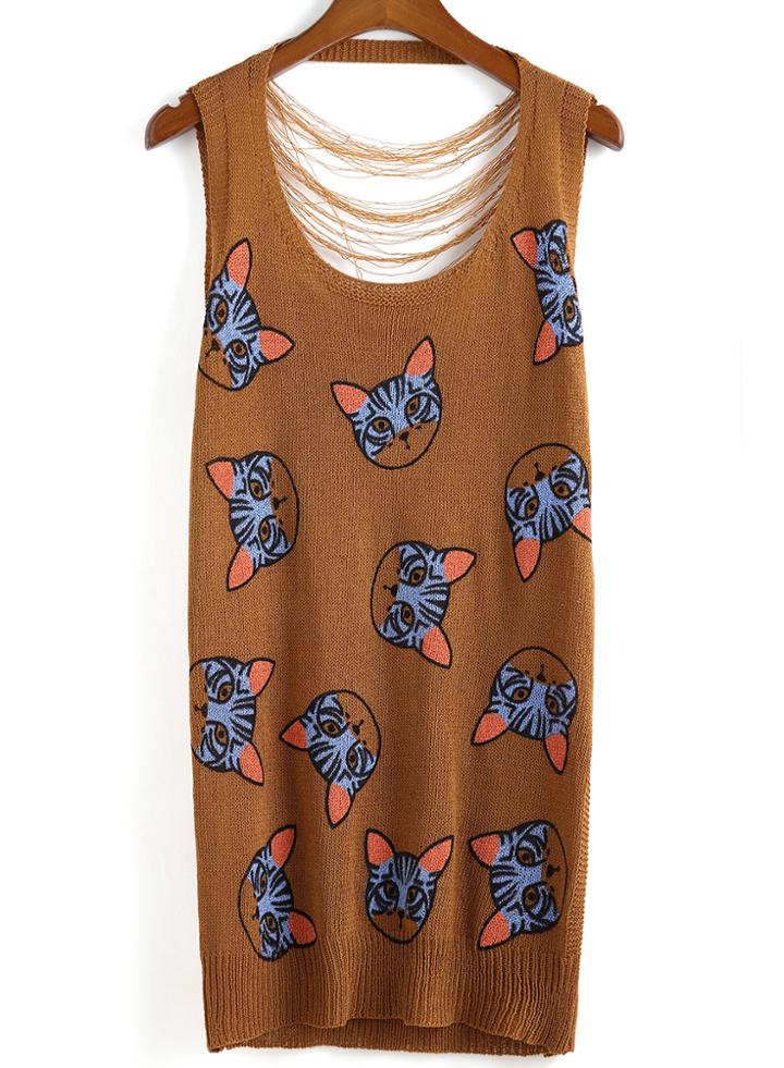 Romwe Cat Print Hollow Knit Khaki Dress