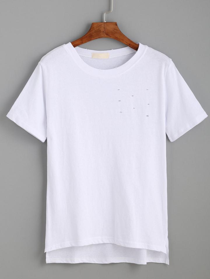 Romwe White Distressed High Low T-shirt