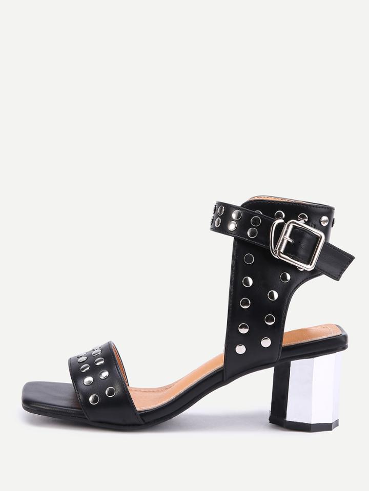 Romwe Studded Detail Ankle Strap Heeled Sandals