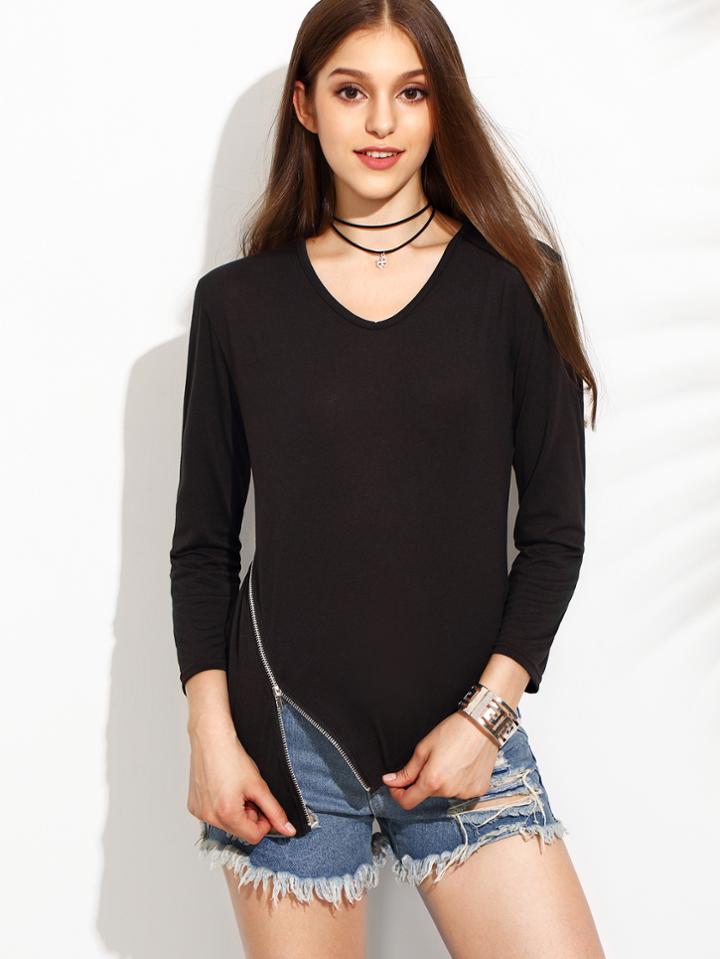 Romwe Black Zip Detail Asymmetric T-shirt