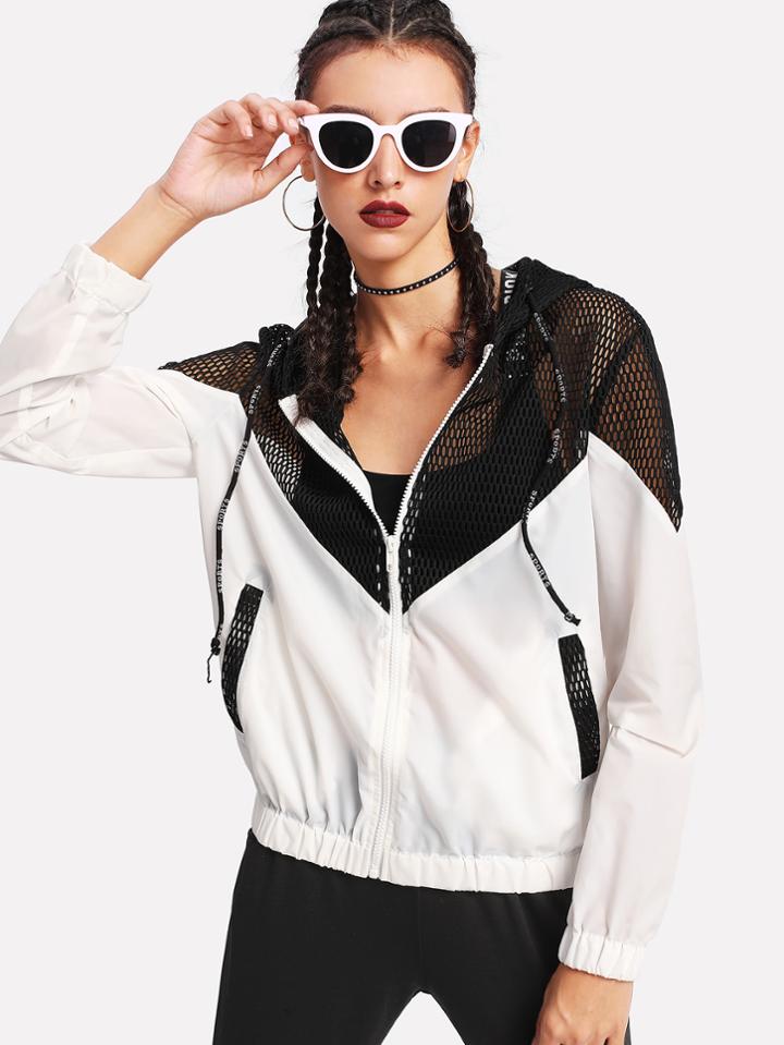 Romwe Two Tone Mesh Panel Hooded Jacket
