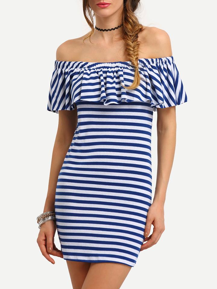 Romwe Striped Ruffled Off-the-shoulder Dress