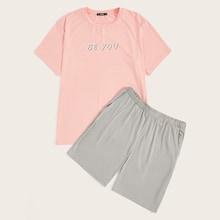 Romwe Guys Letter Tee And Slant Pocket Shorts Pj Set
