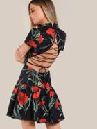 Romwe Lace Up Back Drop Waist Fit & Flare Dress