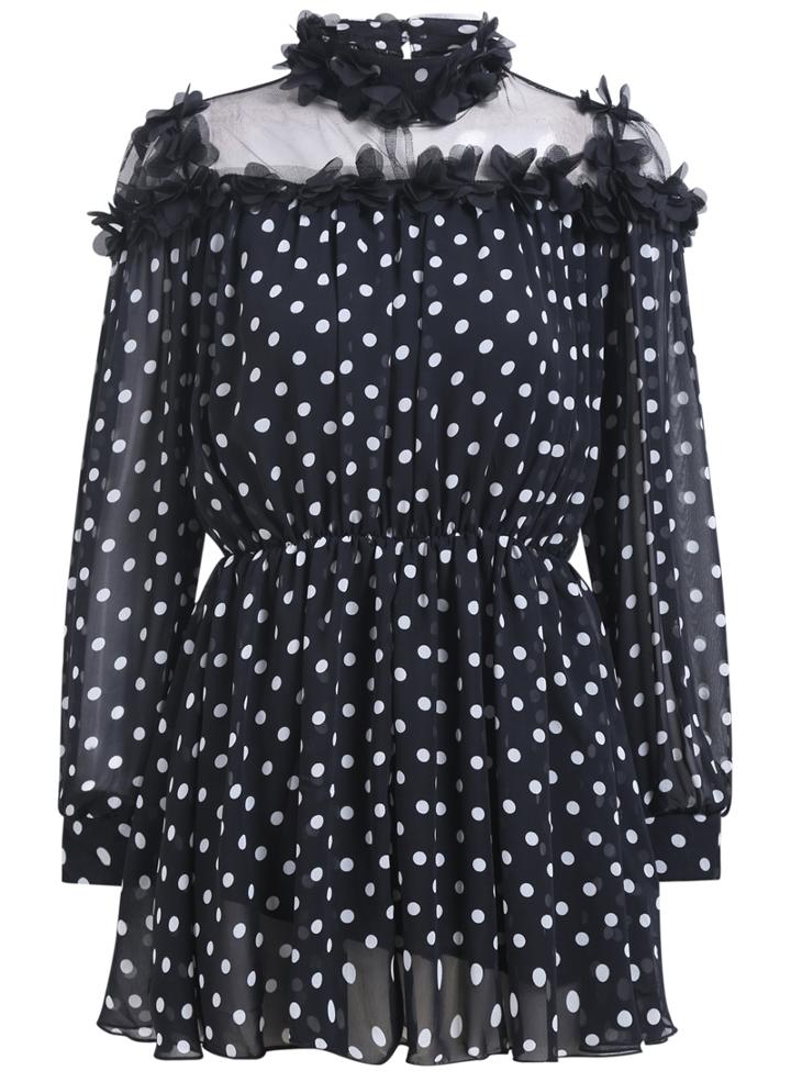 Romwe Stand Collar Long Sleeve Polka Dot Chiffon Dress