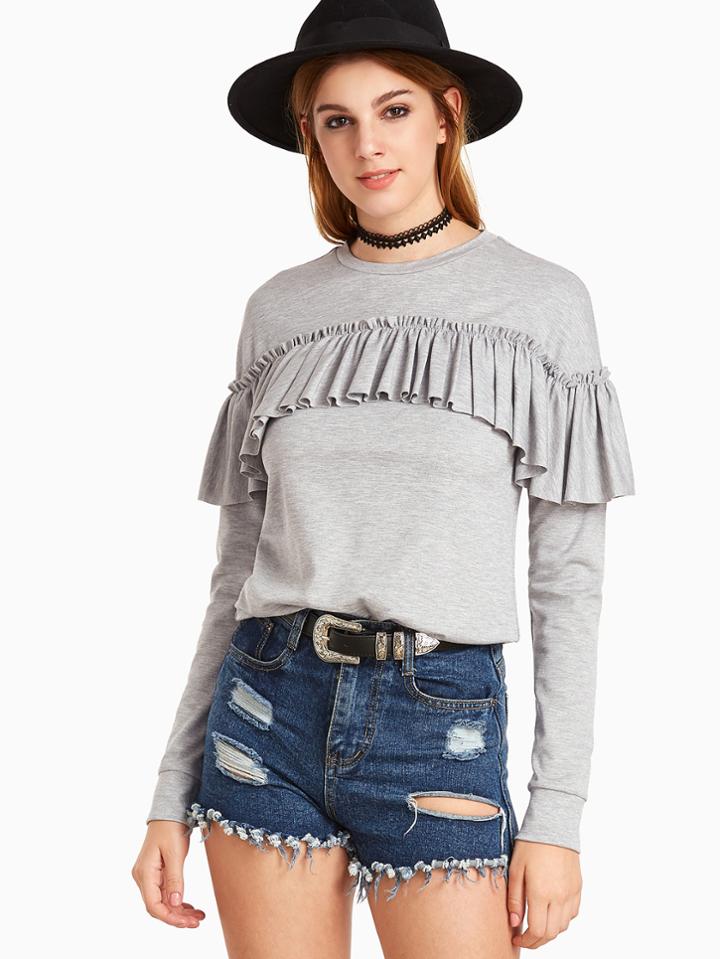 Romwe Heather Grey Ruffle Trim Long Sleeve Sweatshirt