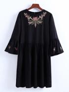 Romwe Bell Sleeve Embroidery Dress