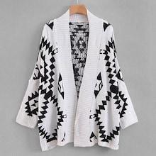 Romwe Geometric Pattern Rib Trim Sweater Coat
