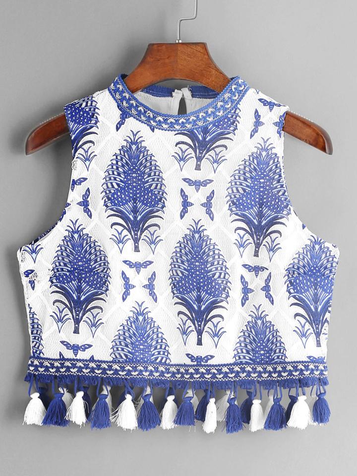 Romwe Lace Overlay Embroidered Tape Detail Fringe Hem Top
