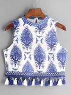 Romwe Lace Overlay Embroidered Tape Detail Fringe Hem Top